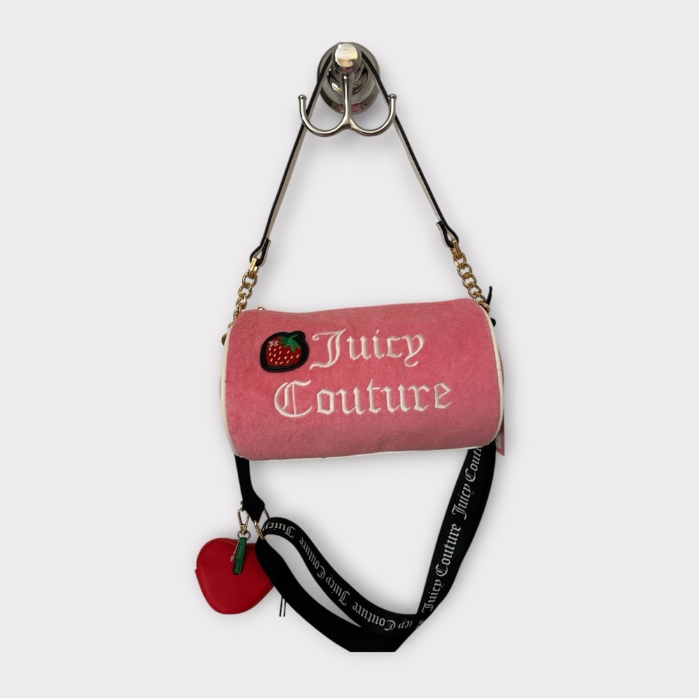 Juicy Couture Pink Velour Barrel Bag with Black Strap and Red Strawberry Charm